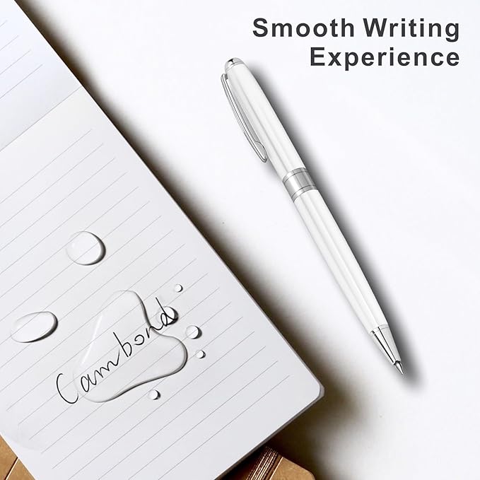 Cambond Ballpoint Pens White Pens - Fancy Pens Black Ink Pens for Journaling Men Gift Business Police Flight Attendant 1.0 mm Medium Point, 3 Pens with 3 Extra Refills (White)