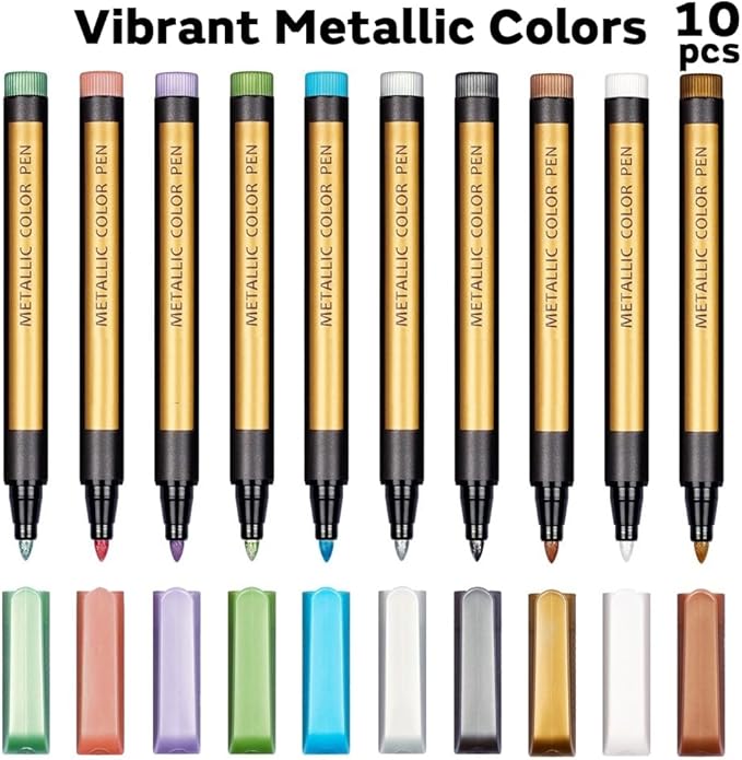 Dyvicl Metallic Marker Pens - Set of 10 Medium Point Metallic Markers for Rock Painting, Black Paper, Card Making, Scrapbooking Crafts, DIY Photo Album