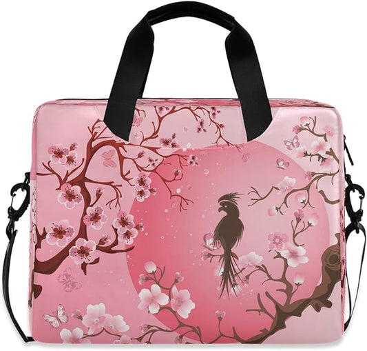 Japanese Cherry Blossom Sakura Tree With Bird Laptop Messenger Bag Case Sleeve Crossbody Briefcase for Men Women with Shoulder Strap Handle 13 14 15.6 inch