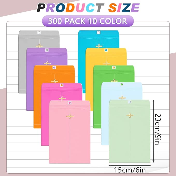 Geyee 300 Pcs 6 x 9 Inch Clasp Envelopes Manilla Envelopes Gummed Mailing Envelopes 28lb Kraft Clasp Closure for Storing or Mailing Colored Envelopes for Home Office Business(Bright Color)