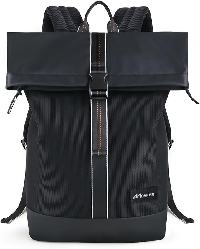 Rolltop Travel Commuter Backpack for Men Black Faux Leather Knapsack and Laptop Compartment College Necessities Casual Daypack Expandable Bag