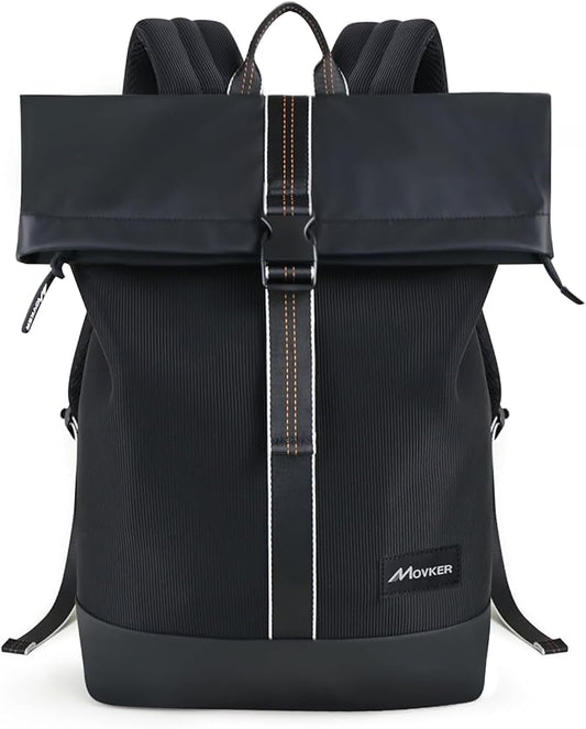 Rolltop Travel Commuter Backpack for Men Black Faux Leather Knapsack and Laptop Compartment College Necessities Casual Daypack Expandable Bag