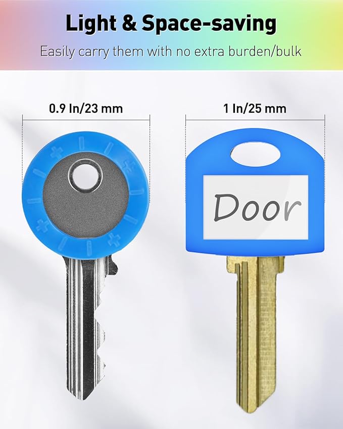 Uniclife 24 Pack Round Key Caps Covers and 24 Pack Key Cap Tags with Blank Paper Labels & Clear Windows Colorful Key Identifiers Protectors for Regular Flat House Keys (Not for Odd-Shaped Keys)