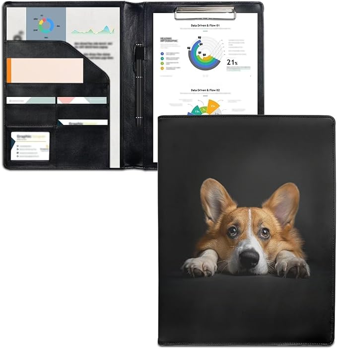 Office Folder Cute Dog Pattern PU Leather Padfolio with A4 Size Clipboard Clip for Business Resume Interview Document Sleeve Binder Folder for Men/Women