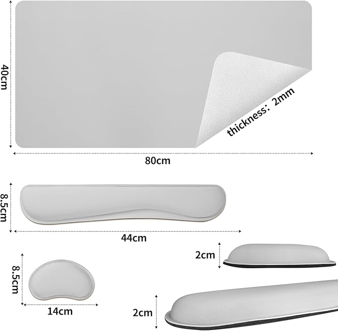 Bloss Leather Desk Pad and Keyboard Wrist Rest, Large Mouse Pad + Keyboard Pad+Mouse Wrist Support, Non-Slip Desk Mat Protector for Office, Home(31.5×15.7 Inches, Light Grey)