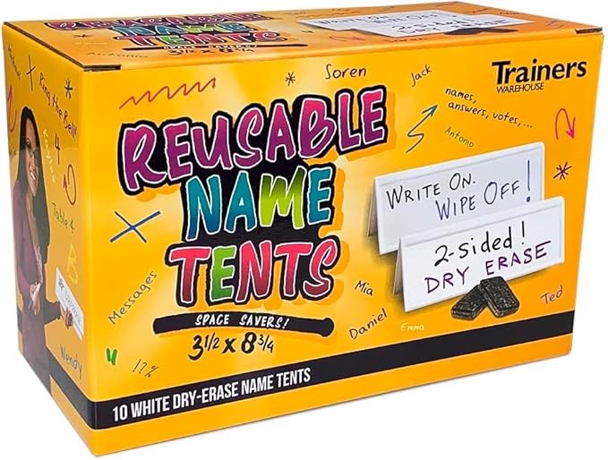 Trainers Warehouse Heavy Duty Premium Reusable Name Cards, White, Dry-Erase Tent, Space Saver, 8.75" x 3" (10)