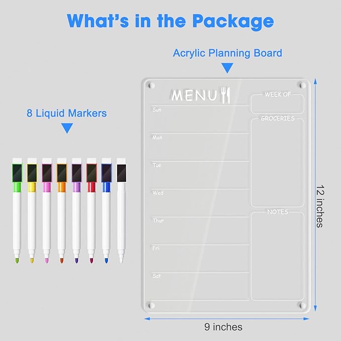 Acrylic Menu Board for Kitchen Weekly Meal Planner Magnetic Planning Board w/ 8 Markers, Clear Weekly Calendar for Fridge Refrigerator Dry Erase Board Noteboard to Do Grocery Shopping List, 12x9’’