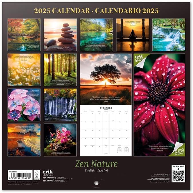 Zen Nature Wall Calendar 2025 12" x 12" FSC® Plastic Free - Starts Week On Sunday | Square Wall Calendar | Family Planner Calendar 2025 | Nature Calendar 2025