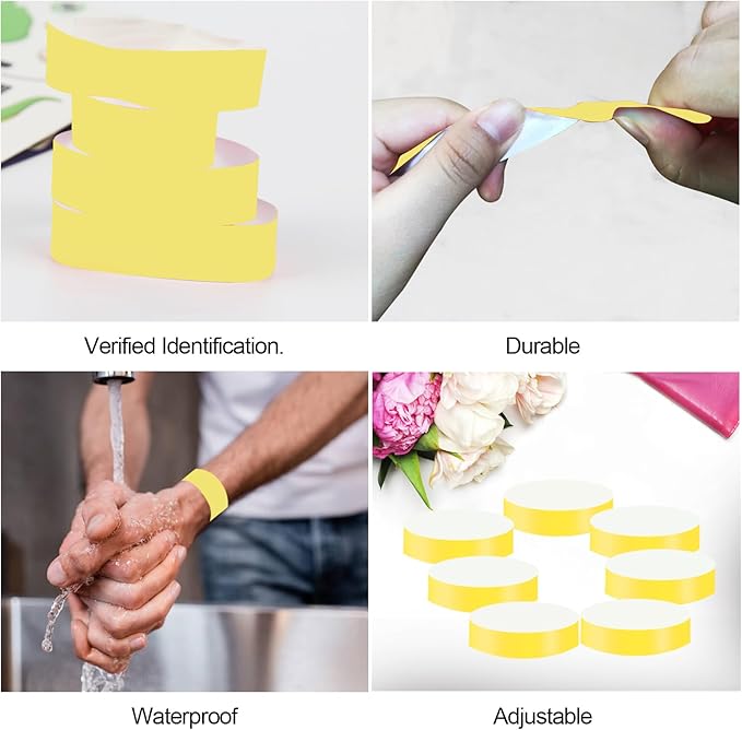 REHALY 1400 Pack Yellow Neon Wristbands for Events - Waterproof & Tear-Resistant Paper Wristbands with Adhesive Closure