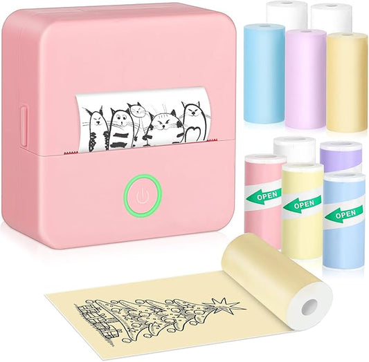 Mini Thermal Printer, Portable Mini Printer with 10 Rolls Printing Paper, Sticker Printer Machine, Mini Pocket Printer for Photos, Journals, DIY, Study Printer Compatible with Android & iOS