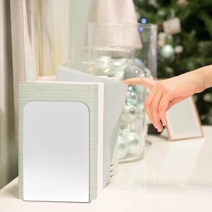 VFINE Bookends 1 Pair, White Metal Book Ends, Bookends for Shelves, Book Stopper for Heavy Books, Book Dividers for Home Office