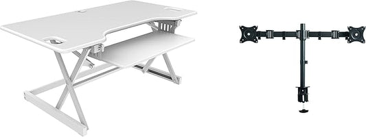 Rocelco 46" Large Height Adjustable Standing Desk Converter with Double Monitor Mount BUNDLE - Quick Sit Stand Up Computer Workstation Riser - Retractable Keyboard Tray - White (R DADRW-46-DM2)