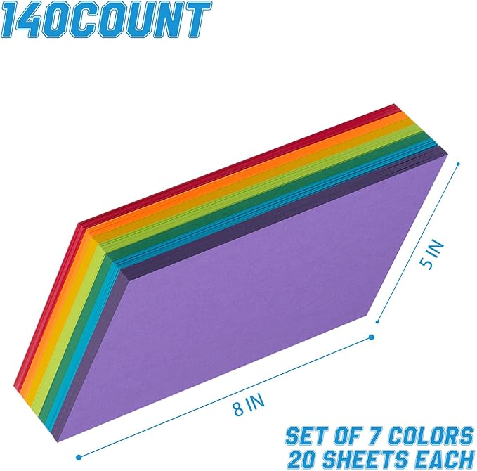 Index Cards 140-Count 5x8 Inch,178GSM Heavyweight Set of 7 Colors Paper Multicolor Study Cards (Rainbow)