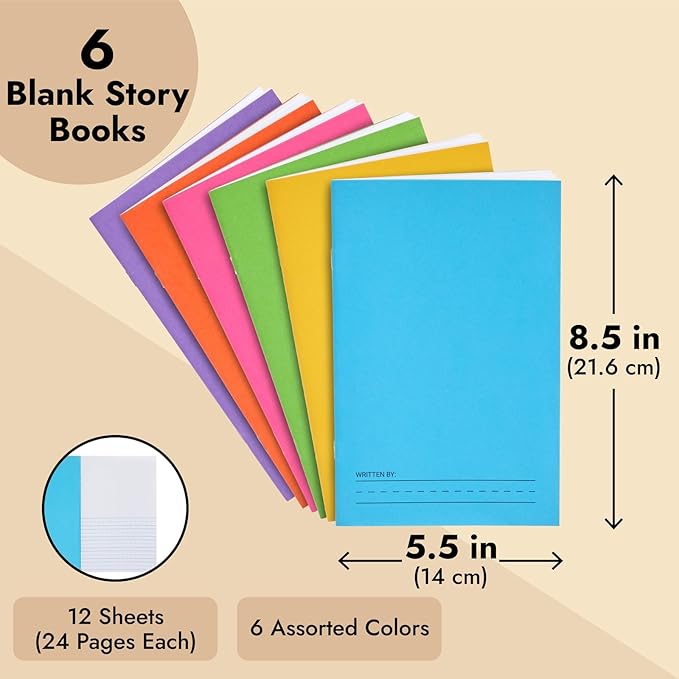 Bright Creations 6 Pack of Blank Books for Kids to Write Stories, Make your Own Comic, Journal, or Book, Paperback (6 Colors, 12 Sheets/24 Pages, 5.5x8.5 in)