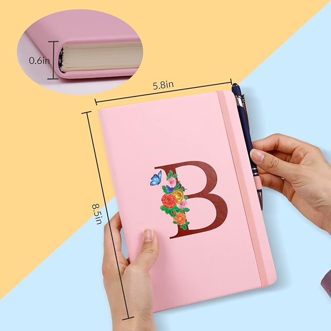 Pink Notebook for Women, 5.7"X8.3" A5 Journal Notebook with Letter M, Dual-Sided Writing Notebook with Dividers, Cute Leather Journal for Work, Business, School, Meetings, Travelers, Small Notebook