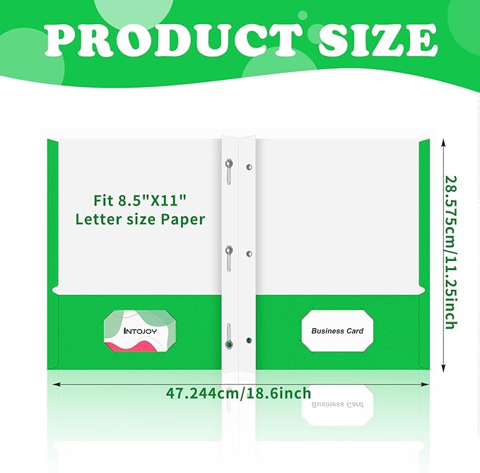 Folders with Pockets,IntoJoy 50 Pack Two Pocket Folders Business Card Holder Paper Folders with Prongs for School Office Filing Cabinet Resume Portfolio (Green)