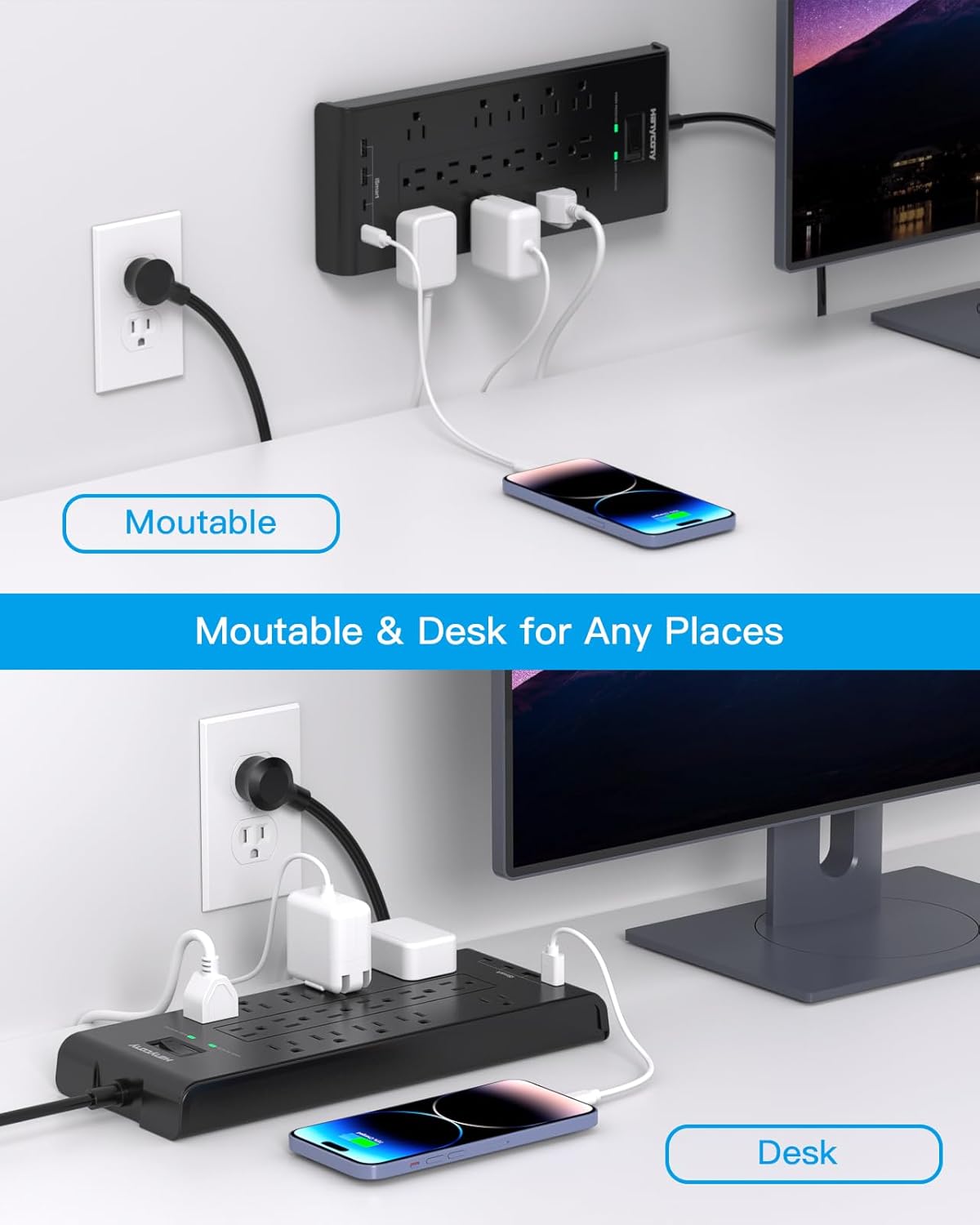 Surge Protector Power Strip, HANYCONY 5 Ft Flat Plug Heavy Duty Extension Cord with 16 Outlets 4 USB Ports(2 USB C), 2700 Joules, Wall Mount for Home Office, ETL Listed, Black