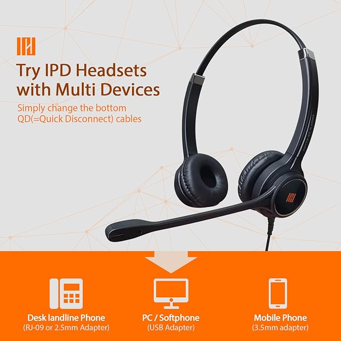 IPD IPH-255 Phone Headset with Noise Cancelling Microhone for Office and Call Center- Comapatible with Polycom VVX,Aastra,Avaya Digital, Nortel, Samsung,Mitel landline Phones
