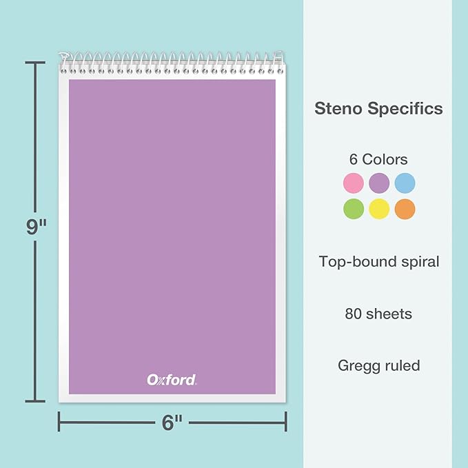 Oxford Steno Spiral Notebooks, Top Bound Steno Pads, 6x9 Inches, Gregg Ruled for Lists, White Paper, Asst. Pastel Covers, 80 Sheets, 6 Pack (1007112)