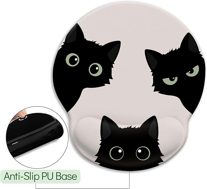 Cat Mouse Pad, Funny Ergonomic Mousepad with Wrist Rest, Gaming Mouse Pad Wrist Support with Non-Slip Pain Relief PU Base, Black Cat Mouse Pads for Desk, Cute Office Desk Accessories Decor