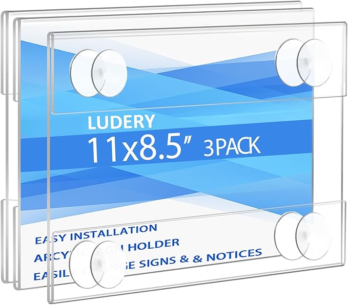 Acrylic Window Sign Holder 8.5 x 11 with 4 Suction Cups,Clear Acrylic Frames Glass Window Wall Mount,Advertising Signage Sign Holder for Mall, Office, Home, Store, Restaurant (3 Pack)