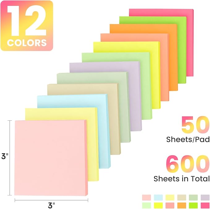 Sticky Notes, 12 Pads, 3x3 inches, Colorful Self-Stick Note Pads, Easy to Post in Office, Home, School - 12 Pastel Colors