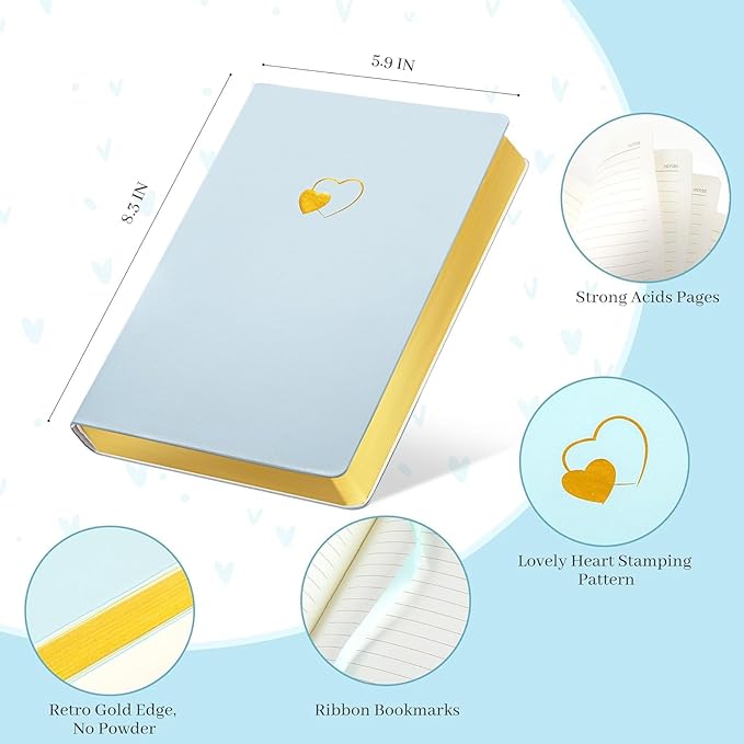 CAGIE Lined Journal Notebook for Women and Girls 256 Pages Cute Diary with Heart-Shaped Leather Journals for Writing A5 Soft Cover Notebooks for Work School (07 Light Blue, A5)