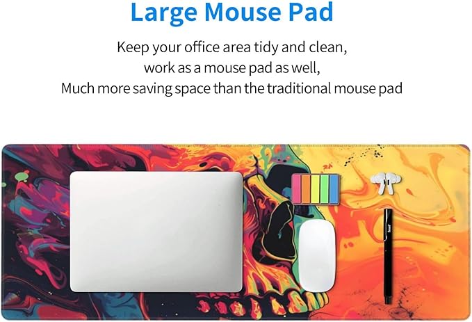 Gaming Mouse Pad Desk Pad,Extended Big Mouse Pad,31.5x11.8 Inch Long Computer Keyboard Mouse Mat Mousepad with 3mm Non-Slip Base and Stitched Edge for Gaming and Office… (Watercolor Skull)