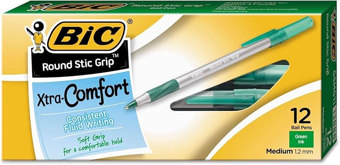 BIC Round Stic Grip Xtra Comfort Ball Pen Medium Pt 1.2mm Green 2DOZEN GSMG11GN