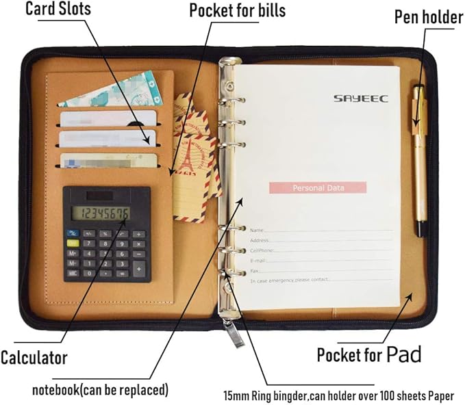 SAYEEC A5 Executive Conference Folder Business Notebook Zipped Organizer with Calculator Travel Portfolio binder Faux Leather Loose Leaf Paper Lined Refillable Journal Gift for Men