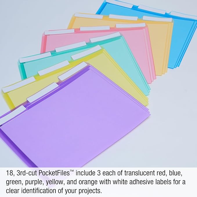 Ultimate Office PocketFile Clear Poly Document Folder Project Pockets, 3rd-Cut, Letter Size, in 6 Assorted Colors, Set of 18