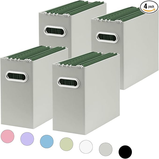 Oterri File Organizer, Small Storage Box, Cardboard File Folder Organizer, Collapsible File Box, Hanging File Organizer for Letter Size, Portable File Box with Handle, Only Box (Grey, 4 Packs)