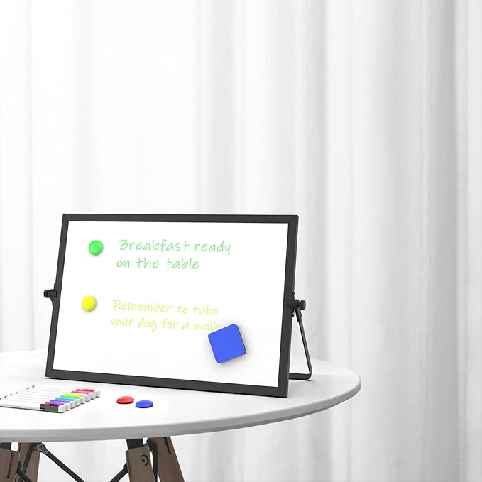 OWill Black Dry Erase White Board, 16inX12in Large Magnetic Desktop White Board with Stand,A3 Magnetic Whiteboard & Portable Double-Sided Whiteboard Easel for Drawing in School & Home