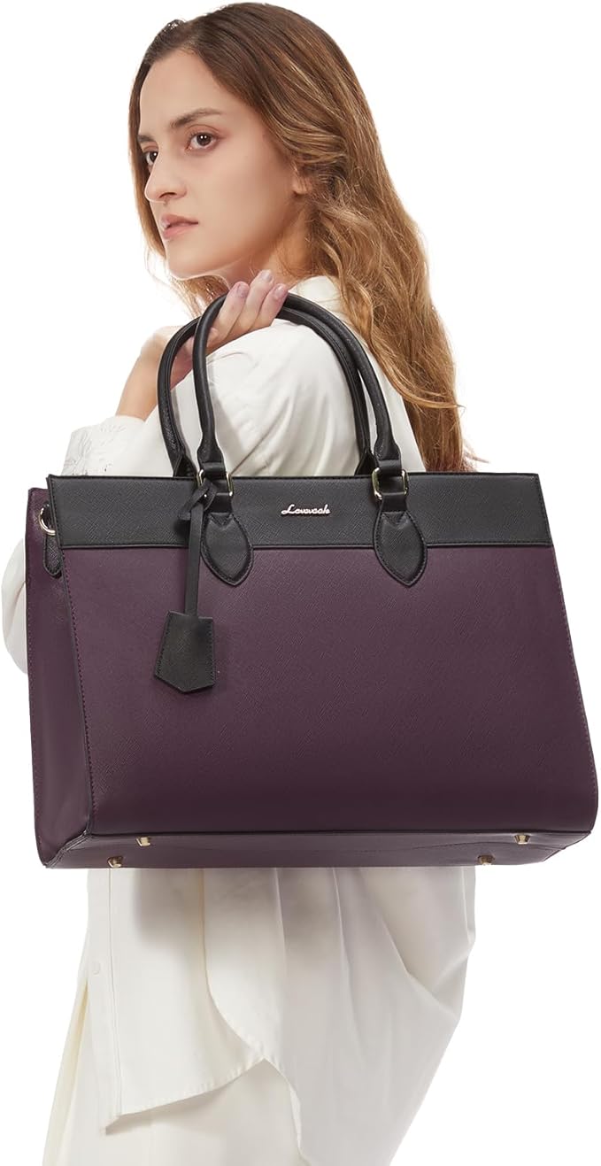 LOVEVOOK Laptop Bag for Women, 15.6 inch Laptop Tote Work Bag Purse, Large Waterproof Leather Computer Briefcase for Office, Purple-Black