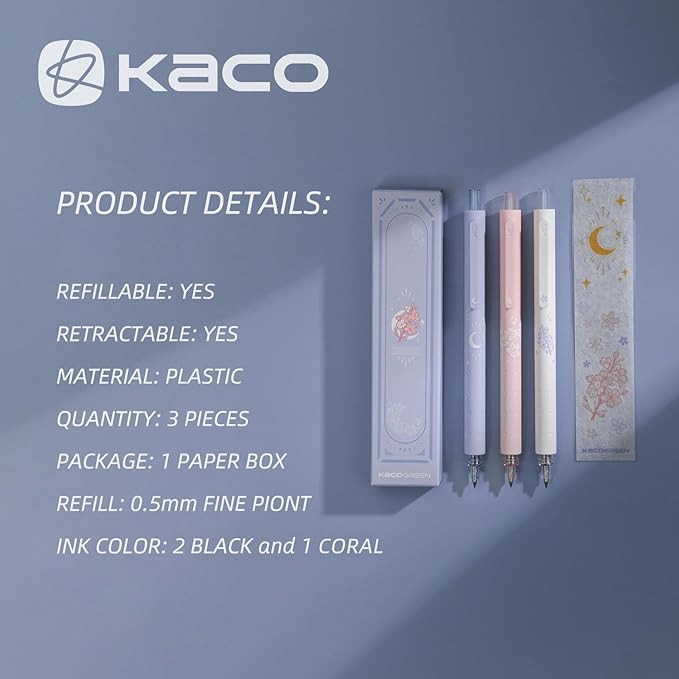 Kaco Gel Pens Cute Stationery 3 Pieces 0.5mm Fine Point, Quick Drying Pens for Journaling Aesthetic Office Supplies, 2 Black Ink and 1 Coral Ink