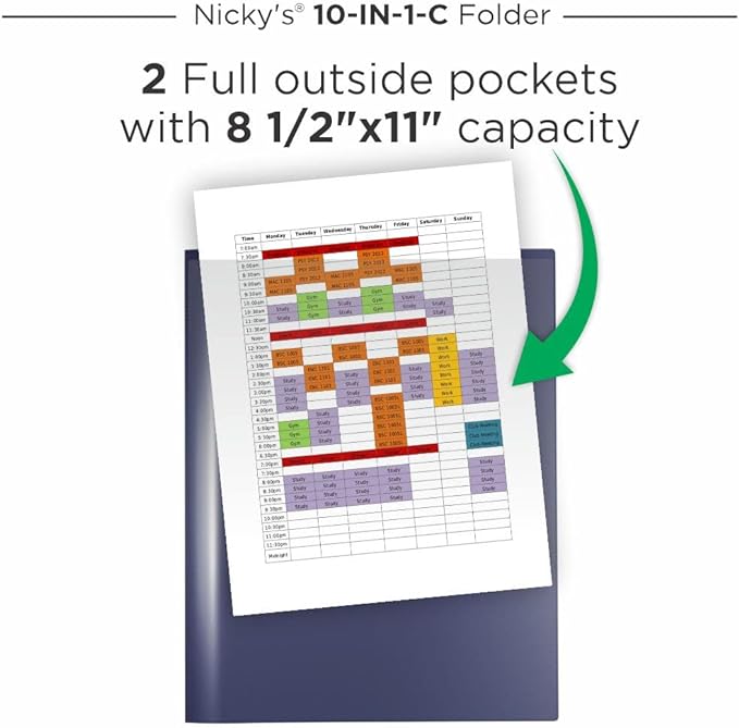 Nicky's® Multi Pocket Organizer, 10 or 14 Page Folder, Waterproof, Patented Tear-Resistant, Flexible Plastic, Proudly Made in USA, Binder Substitute. (10-in-1 Clear Inside/Navy Blue Outside)