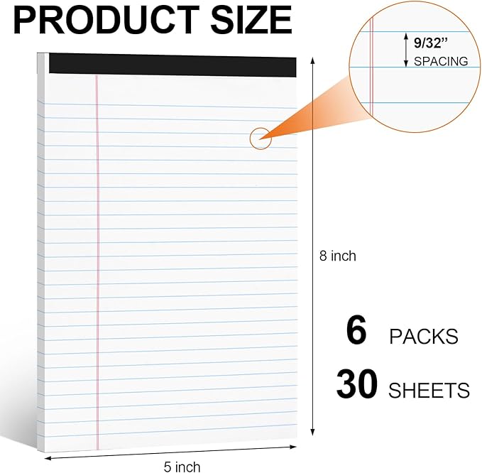 Utron 6 PCS Small Legal Pads 5x8 White, Narrow Ruled Small Note Pads 5x8, Micro Perforated Writing Pad, College Ruled Legal Notepads 5x8 for Study, Office, To-Do Lists(30 Sheets/Small Notepad)