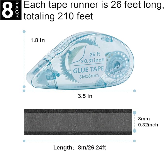 Double-Sided Tape Runner, Pack of 8, 0.31 Inches x 26 Ft Adhesive Tape Runners, Craft Supplies for Scrapbooking, Gift Wrapping, and Paper Art.