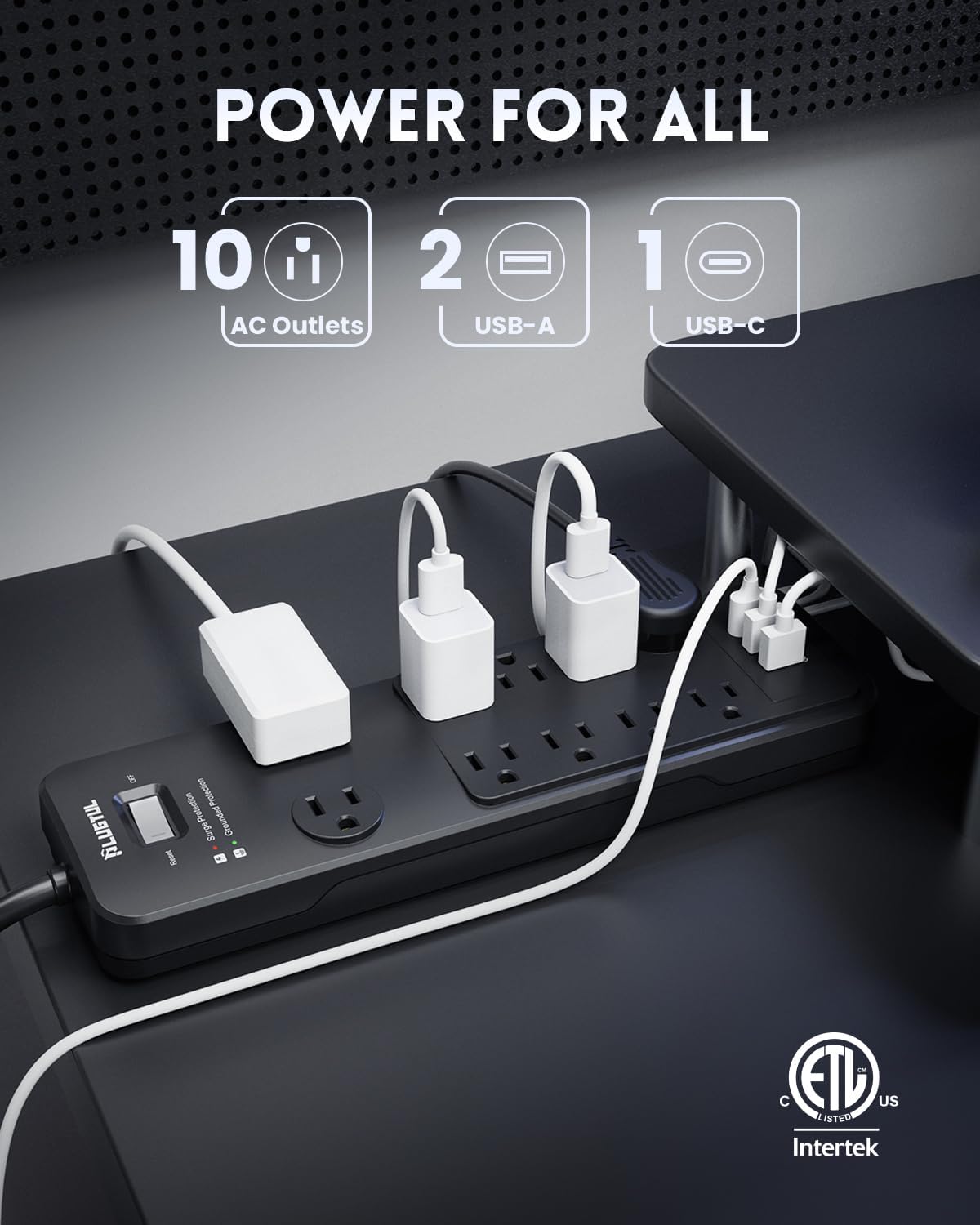 Surge Protector Power Strip 10FT, PLUGTUL Surge Protector with 10 Outlets - Spacious Design for Large Plugs, Flat Plug, 20W USB C Charging for Home, Office, ETL Listed，2040J