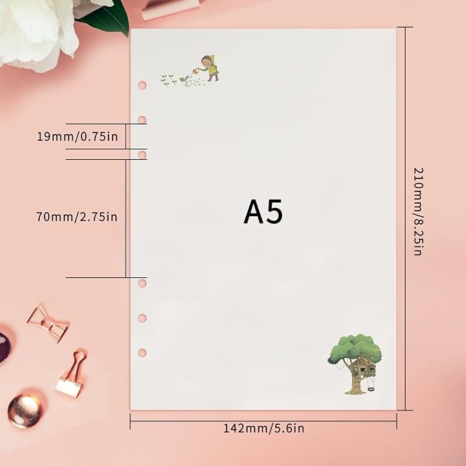 A5 Refills Paper, A5 Binder Planner Loose Leaf Paper,90 Sheets (180 Pages) 6-Hole Notebook Refills for 6-Ring Refillable A5 Ring Binder Notebook Planner, Blank Paper with Pattern