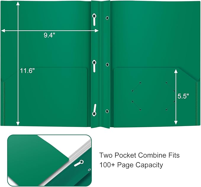 Heavy Duty Plastic Folder, 60 Pack, Pocket Folder with brads, Letter Size Poly File, Plastic Folders with 3 Prongs Fasteners - Green
