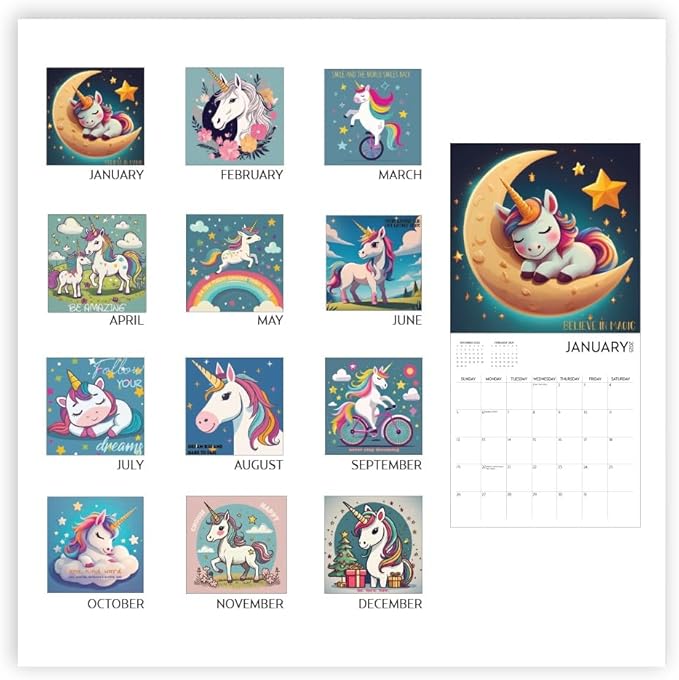 Unicorn Calendar 2025 with Sticker Pack, Large 12 x 12 inch, Unicorn Wall Calendar with Sticker Set, Gift for Unicorn Lovers, Cute Calendar for girls