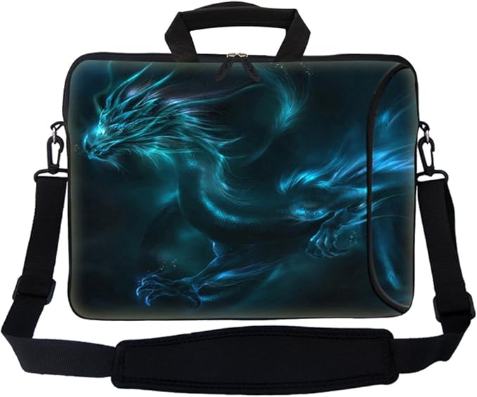 Meffort Inc 17 Inch Neoprene Laptop Bag with Extra Side Pocket, Soft Carrying Handle & Removable Shoulder Strap Fit 16" to 17.3" Size - Blue Dragon