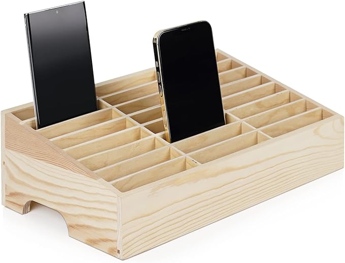 Wooden 24-Grid Cell Phones Storage Box Desktop Mobile Phone Holder Organizer for Office School Classroom (24-Grid)