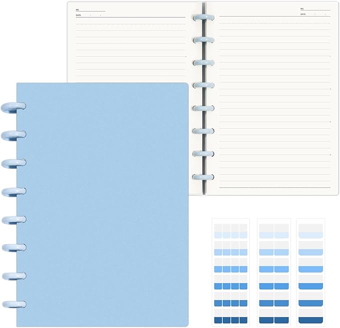 Discbound Notebook, 8-Disc Disbound Planner with Removable Pages, 180 Pages Spiral Notebook, Poly Cover Discbound Planner for Work, Travel, Note Taking(With Index Sticker),Blue,A5