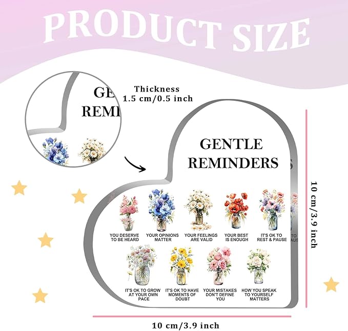 Gentle Reminders Decor, Positive Affirmations Desktop Art Decorations for Home Therapy Office School Counselling Office Mental Health Awareness Gifts, Heart Shape Acrylic Flowers Sign Decor