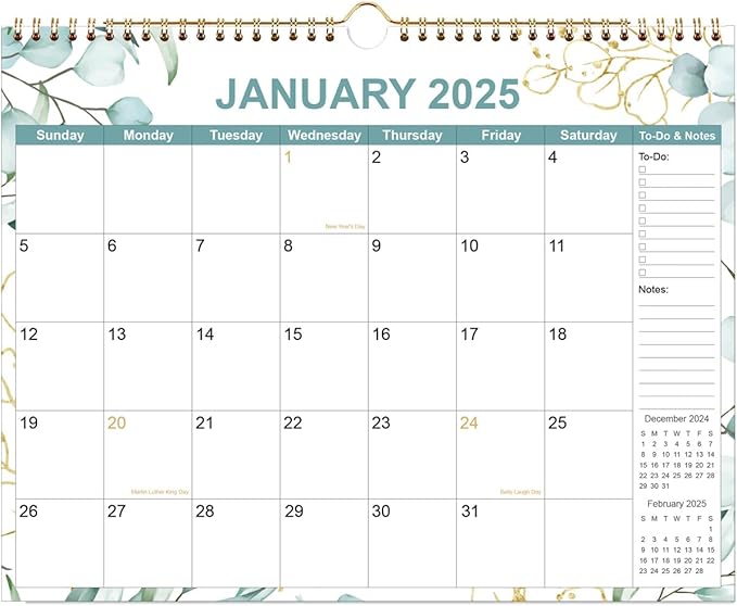 2025 Calendar - Calendar 2025-2026 from January 2025 - June 2026, 18 Months Calendar with Premium Paper, Twin-Wire Binding & Hanging Hook, 12" x 14.5", Green Leaf