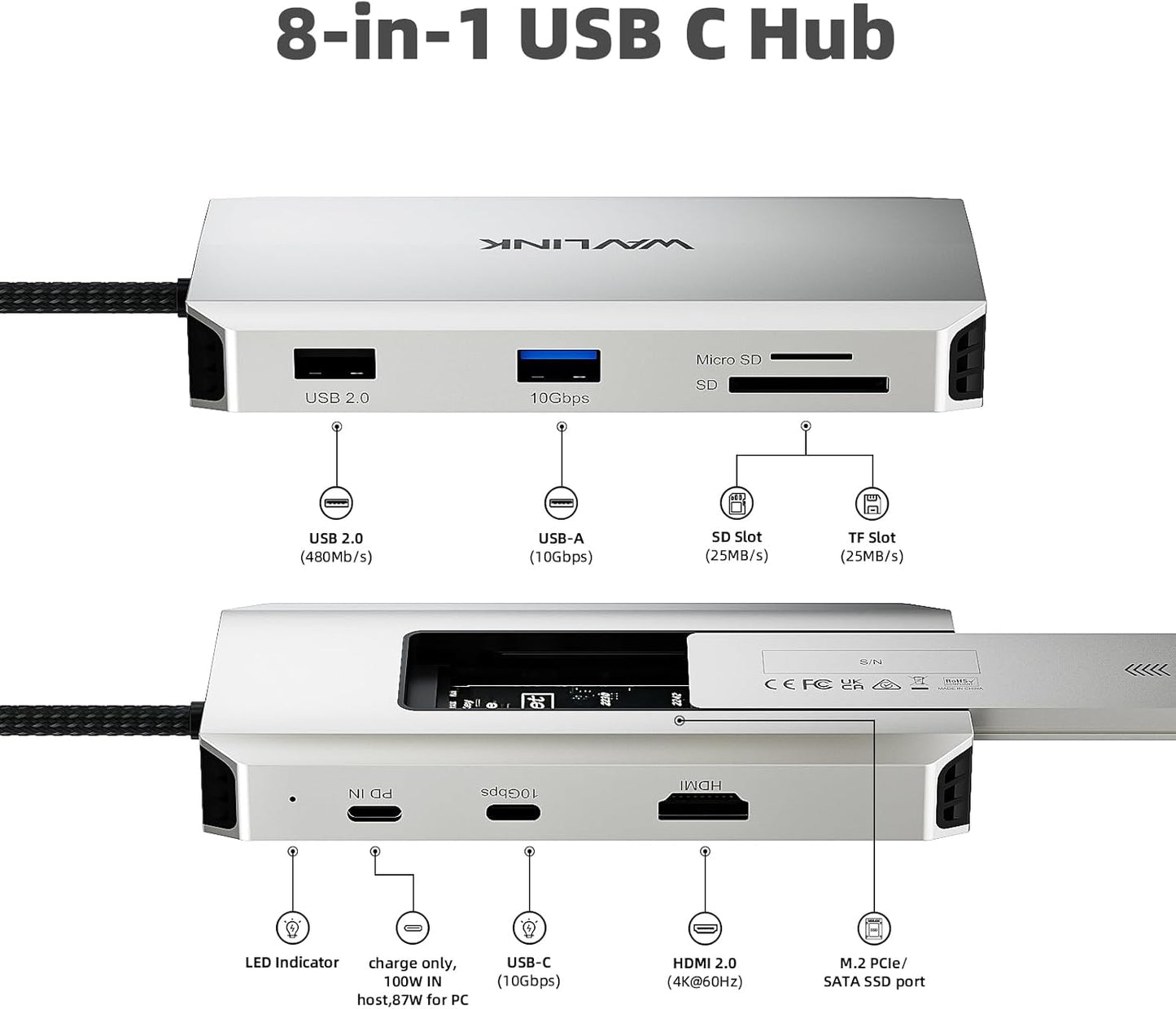 WAVLINK USB-C Hub, 10Gbps USB-C Hub with M.2 PCIe/SATA SSD Port, HDMI, 100W PD, USB-A&C 3.2/2.0, SD&TF Compatible with MacBook/Chromebook/Dell/HP/Lenovo