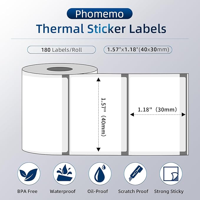 Transparent Thermal Label Paper, Round Multi-Purpose Label for Phomemo M110/M220/M120/M150/M250/M221 Label Printer, Self-Adhesive Thermal Printer Paper, 1.57"x1.18"(40x30mm) 180 Labels/Roll, Clear