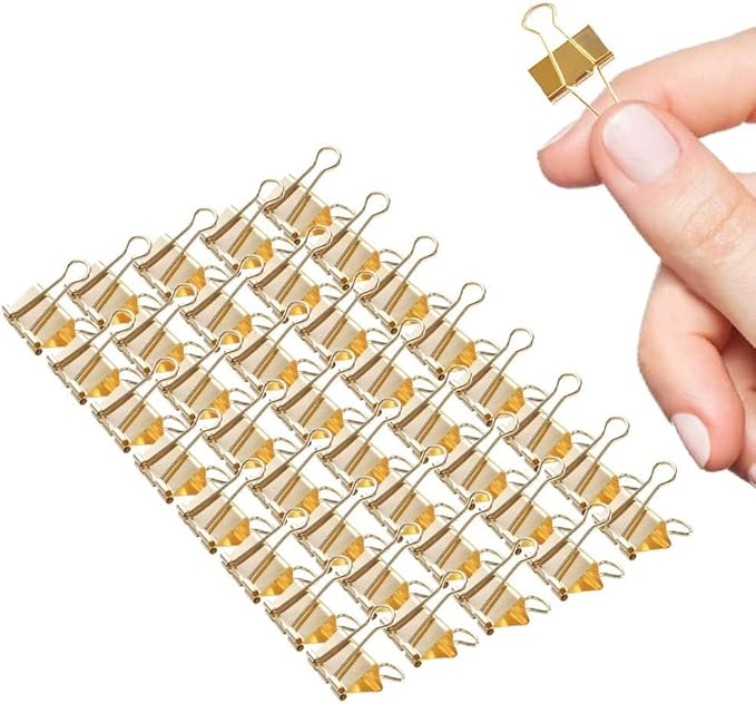 Mini Binder Clips, 60 Pack, 5/8 Inch, Standard 15mm, Gold, Mini Binder Paper Clips, Fold Clamp, Capacity 0.23 Inch, Mini Paper Clips, Office Supplies, with Container.